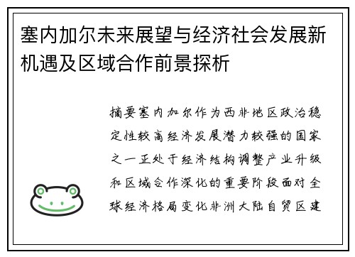 塞内加尔未来展望与经济社会发展新机遇及区域合作前景探析